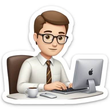 white journalist man in shirt and tie, typing on a computer, coffee cup nearby sticker