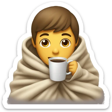 A boy wrapped around in a blanket sipping coffee  sticker