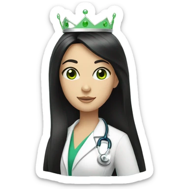 White Female doctor green eyes long black hair and a crown sticker