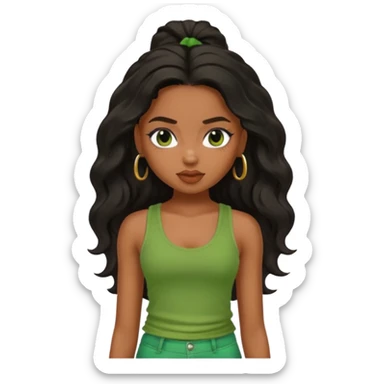 a pretty bratz brown girl with long wavy black color hair and green tank top on sticker
