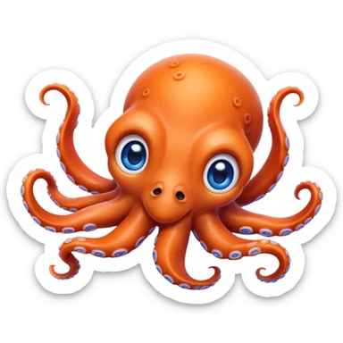 Cinematic Realistic Cute Octopus Portrait Emoji, Head tilted playfully and inquisitively, featuring a gracefully curving, compact body in vibrant orange adorned with delicate blue rings, and a charming, expressive face with round, sparkling eyes full of curious wonder; rendered with lifelike detail and soft natural highlights, high shine, affectionate and enchanting, styled with a touch of whimsical ocean magic, soft glowing outline, capturing the essence of a mischievous yet lovable octopus that seems poised to slither playfully into your arms! sticker