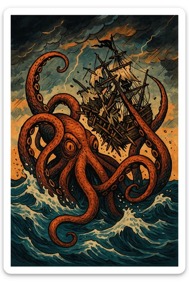 A kraken sea monster with giant tentacles destroying a pirate ship, dramatic ocean scene, stylized illustration sticker