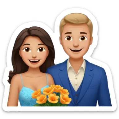 Couple  laughing traveling russian man and elegant  Latina girl delicate flowers and mountains in the background  sticker