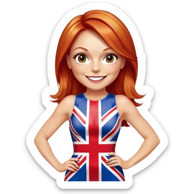 Geri Halliwell smiling with red hair and blonde highlights wearing a short bodycon Union Jack flag dress sticker