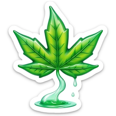 glossy green gusher gummy in the shape of a weed leaf with a bite taken out and liquid center visible sticker