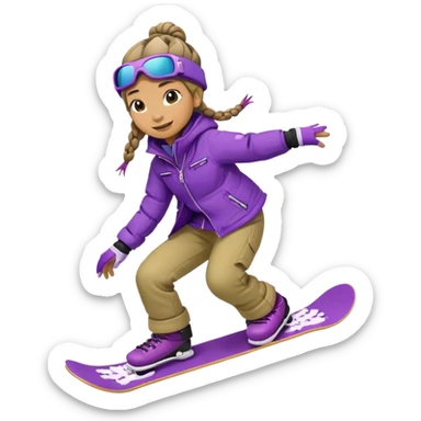 Girl crocodile with two hair braids riding a snowboard with a purple jacket sticker