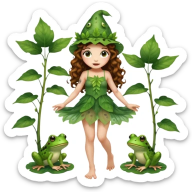 full body woman long curly brown hair brown eyes white skin tattoos wearing cute frog hat and sheer leaf dress, barefoot, flirty forest fairy pose sticker