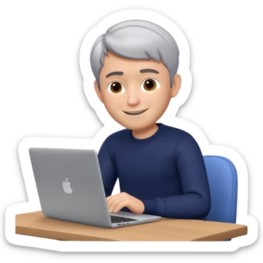 3D Memoji of the man from the photo, short salt-and-pepper hair, dark navy sweater, sitting with a silver laptop, Pixar style, white background, professional smile sticker