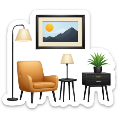 Minimalistic flat vector icon, iOS style, thin black contour on white background. Floor lamp and chair next to a framed picture on wall. Clean, no text, no shadows sticker