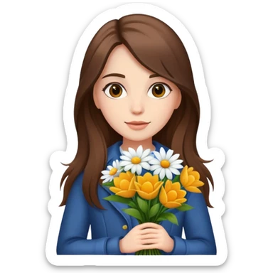 cool girl with long brown hair and fair skin holding a bouquet of flowers, trendy sticker