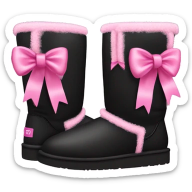 Realistic black Ugg fur boots with pink ribbon bows and stitching isolated.  sticker
