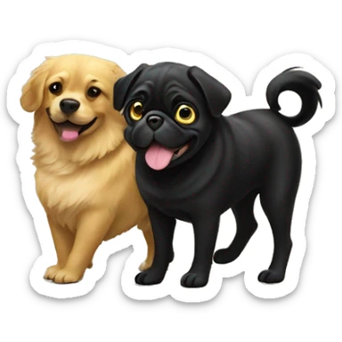 A black pug playing with a golden retriever  sticker