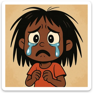 cartoon style sad crying black girl with straight messy hair, big teardrops sticker