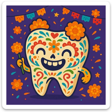 funny and cheerful molar tooth celebrating Día de Muertos in Mexico, decorated as sugar skull, bright colors, cempasúchil flowers, festive cartoon style sticker