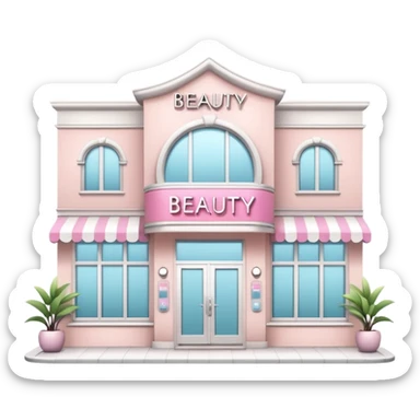 Modern beauty salon building with a stylish illuminated sign that says BEAUTY SALON on the front. Elegant exterior design, large clean windows, soft pastel colors, minimalistic decorations, welcoming atmosphere, daytime, high-quality detailed render sticker