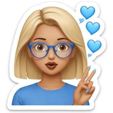 Asthectic Blonde women with brown eyes, blue glasses, waering a brown top, blowing a kiss with hearts around her. sticker