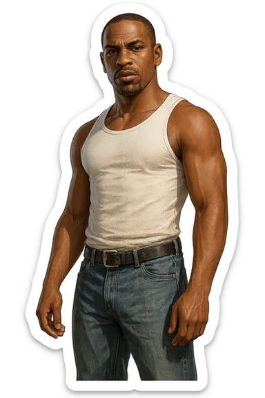 CJ from Grand Theft Auto: San Andreas in the style of Grand Theft Auto V, detailed, urban, confident pose, wearing a white tank top and blue jeans, realistic lighting, no background sticker