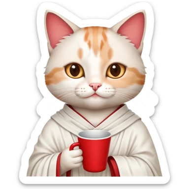 cat wearing a toga, holding a drink, classic college party look sticker