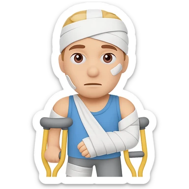 Add crutches and show more bandages on the injured man in the style of apple emojis. Keep the emoji style with no background. sticker