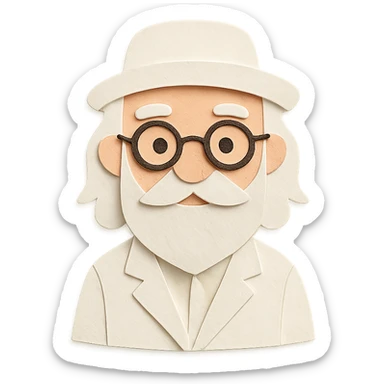 old man with a white hat, slightly long white beard, white moustache, round glasses, white suit, white longish hair, paper craft style sticker