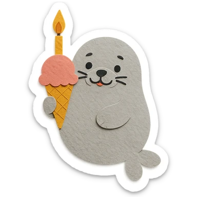 chubby seal holding ice cream cone with candle, paper-craft style sticker