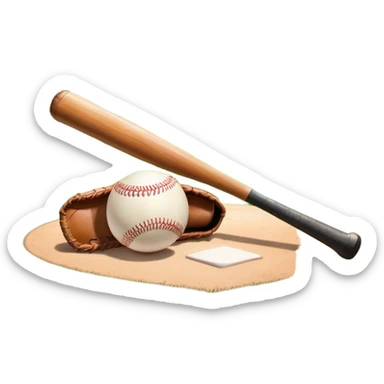 A baseball bat, ball, and glove resting on the ground, set against the backdrop of a baseball field. The scene captures the iconic equipment of the sport, with the field in the distance and a bright sky above, evoking the spirit of the game. sticker