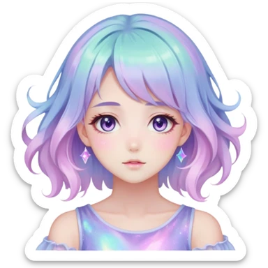 Beautiful gorgeous anime lady with beautiful iridescent-pastel-nebula-hair, fashion aesthetic, ethereal, fairycore, pastelcore sticker