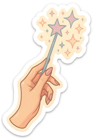 Elegant female hand with almond-shaped nails holding a magic wand, large and small stars flying out of the wand, retro stickers style, thin clean contours, soft rounded shapes, pastel palette #98B5BC, #B5B3C1, #C9A3C9, #E4C0CA, #F7DCD1, #F7C0AA, detailed shadows and highlights, soft lighting, transparent background, no decorative elements sticker