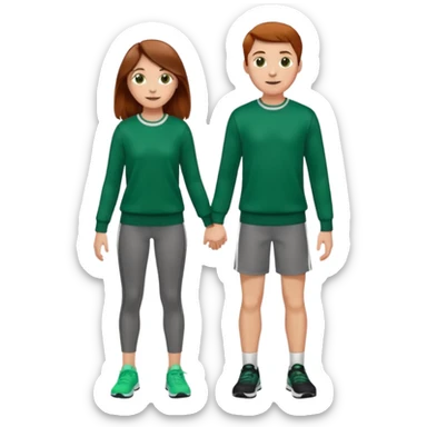 full-length happy couple, girl with long brown hair and hazel eyes in green sweater, boy with auburn hair in sportswear sticker