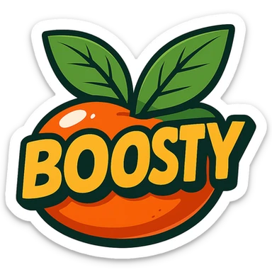 plump vibrant Boosty logo in cartoon style with bold outline expressive shadows glossy highlights bright leaves arranged neatly behind logo one side slightly higher other side slightly lower asymmetrical no background sticker