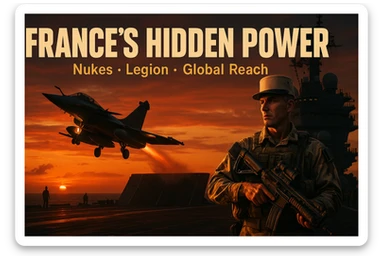 Cinematic dusk, 16:9: Rafale jet launches from Charles de Gaulle carrier, orange sunset. Foreground: Legionnaire in desert camo, holding advanced rifle. Bold tricolor headline: ‘FRANCE’S HIDDEN POWER’. Subtext: ‘Nukes • Legion • Global Reach’. 8K, epic style, cinematic and dramatic lighting. sticker