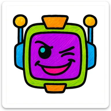 Design a sarcastic robot in the same color scheme (purple, green, orange, blue), with a different sarcastic look like smirk with one eye closed, or a mocking grin. Maintain the playful, bold style in vibrant pop colors style. sticker