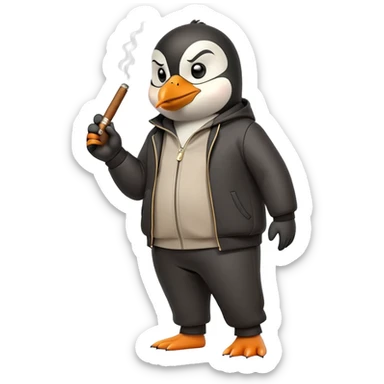 friendly anthropomorphised penguin wearing a mafia-style tracksuit, holding a cigar, secretive scheming pose, angry expression, walking with determined stride sticker