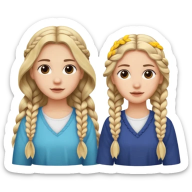 Sister with long wavy loose flowing blonde hair and  sister with DARK BROWN HAIR WITH ONE BRAID on one side.   sticker