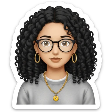 Mixed girl /curly long hair black / with dark hair/ black eyes /glasses /sweat shirt /middle part/ flat erring / small gold neck chain sticker