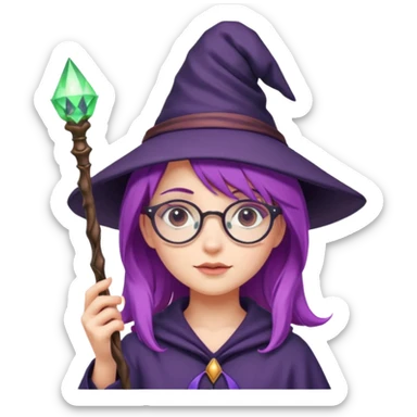 cute purple haired girl with glasses holding a magic wand witch theme sticker