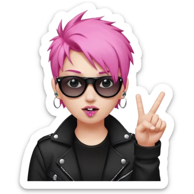 A pink haired punk flipping the bird and mouthing the f sound with black clothes and a pair of black sunglasses and piercings  sticker