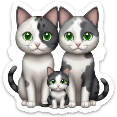 3 different coloured small cats including a dark grey and white, and a patchy calico and a completely solid dark grey with green eyes and only white paws sticker