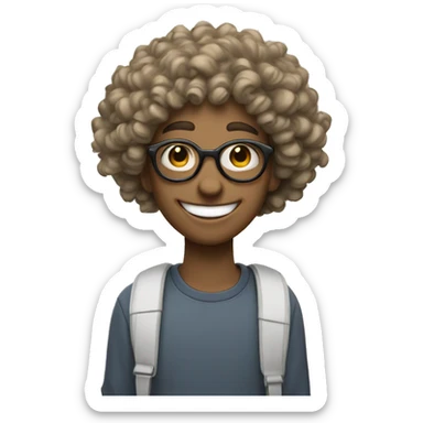 college student, fair skin, round glasses, big smile, curly h sticker