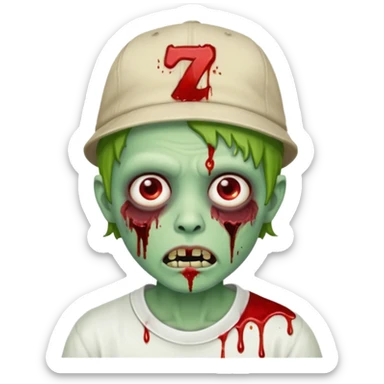 green zombie with blood on lower eyelid, wearing LA hat, white shirt, blood on mouth sticker