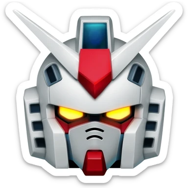 Gundam head emoji, RX-78-2 style, intense glowing eyes, detailed mecha helmet with V-fin, metallic white red and blue color scheme, sharp angular design, flat icon style, high detail sticker