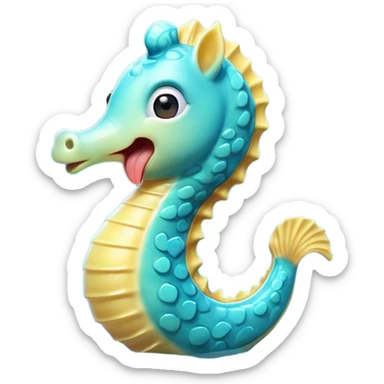 Cinematic Cute Yawning Sea Horse Portrait Emoji, Head tilted slightly with a dramatic, wide-open yawn, showcasing a slender, gracefully curved body with a softly drooping tail and sleepy, half-closed eyes, Simplified yet irresistibly adorable features, highly detailed, glowing with a soft, cozy aquatic glow, high shine, relaxed yet expressive, stylized with a dash of whimsical marine charm, soft glowing outline, capturing the essence of a drowsy yet affectionate sea horse that appears ready to stretch out for a nap! sticker