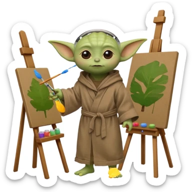A full-body image of Baby Yoda in his brown linen robe with headphones in his ears, painting a picture on an easel and surrounded by paint pots. sticker