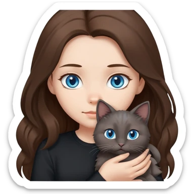 Girl with blue eyes and long brown hair and black shirt, holding a medium fluffy grey cat with folded ears sticker
