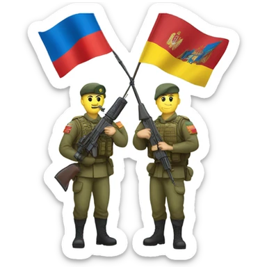 a soldier who holds the Russian flag in one hand and the Ukrainian flag in the other sticker