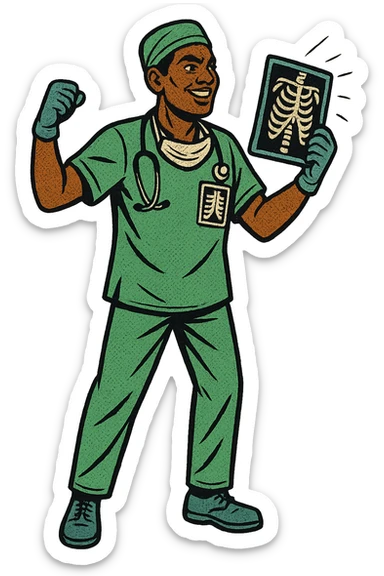 The full body of a modern black Indian surgeon with an x-ray in his pocket sticker