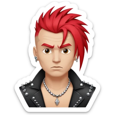 rebellious white guy rock singer, red mohawk, studded leather necklace sticker