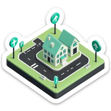 Domanilité Publique (Public Domain), 3D techy icon with black and mint green (#B5F4D3) color scheme, public land with property markers sticker