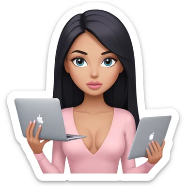 Glamours, tanned, very beautiful girl, with big pump peach-beige-rose lips, long lashes, black straight smooth silky long hair, straight parting hair, blue-grey eyes, in light-pink v-neck bodysuit holding MacBook sticker