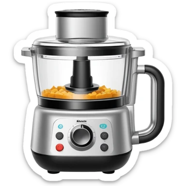 the Monsieur Cuisine food processor from Lidl. The robot should have a friendly face on its display screen, small round buttons, and a modern silver and black body. Add subtle details like steam or ingredients around it to suggest cooking, but keep the design simple and compact like a typical emoji. sticker